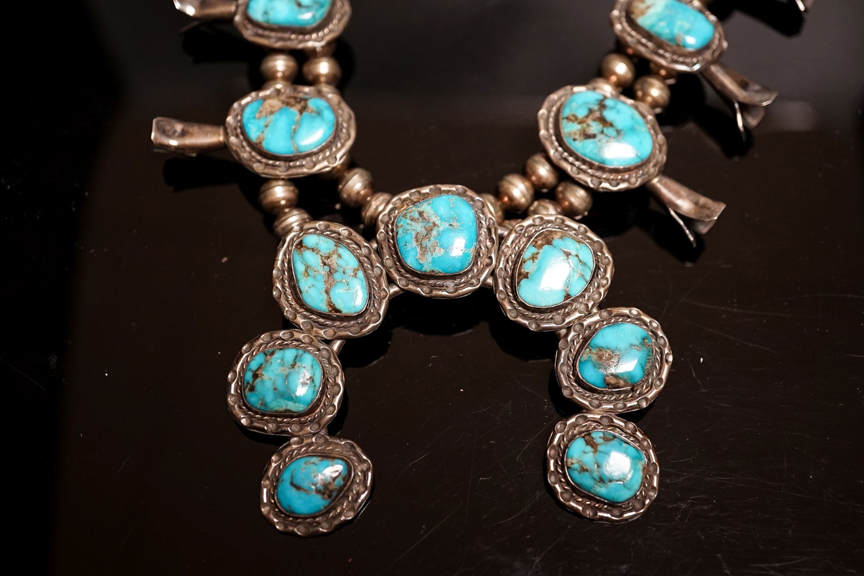 A South American? white metal and turquoise set necklace, 72cm.